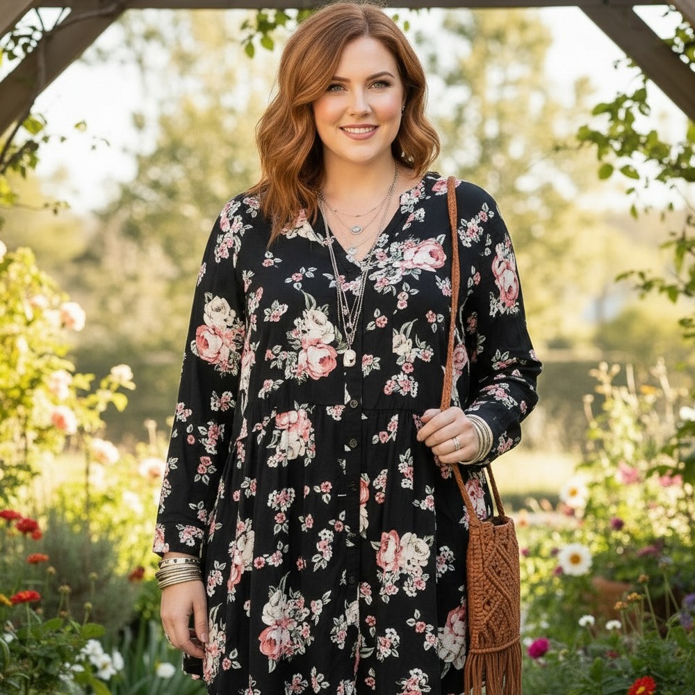 Torrid 2X‎ Tunic Top Black Floral V Neck Cottage Whimsigoth Boho Fairy Grunge
